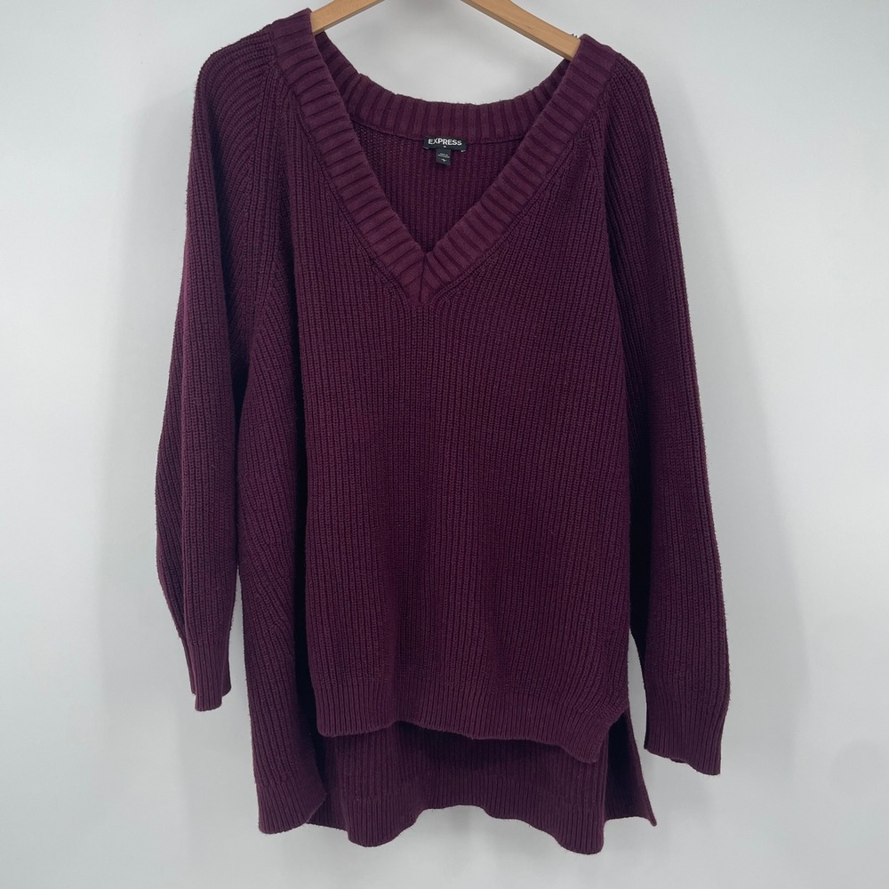 Express Womens Burgundy Shaker Stitch V-Neck High-Low Pullover Sweater Large